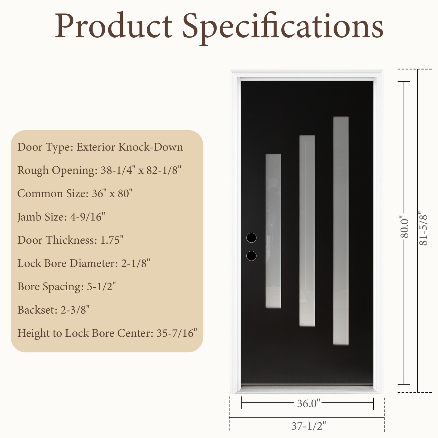 36" x 80" Black Fiberglass Entry Door – 3-Lite Frosted Glass, Prehung with Vinyl Frame & Brickmould