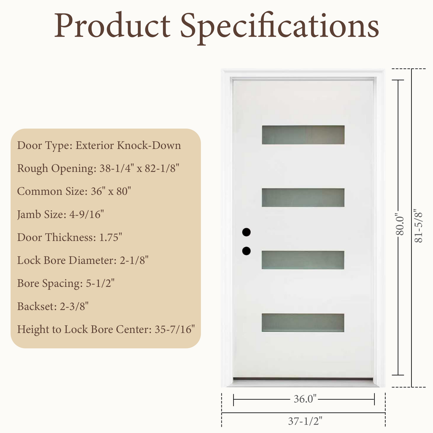 36" x 80" Fiberglass Exterior Door | White Smooth Finish | Frosted Glass | Right Hand Inswing