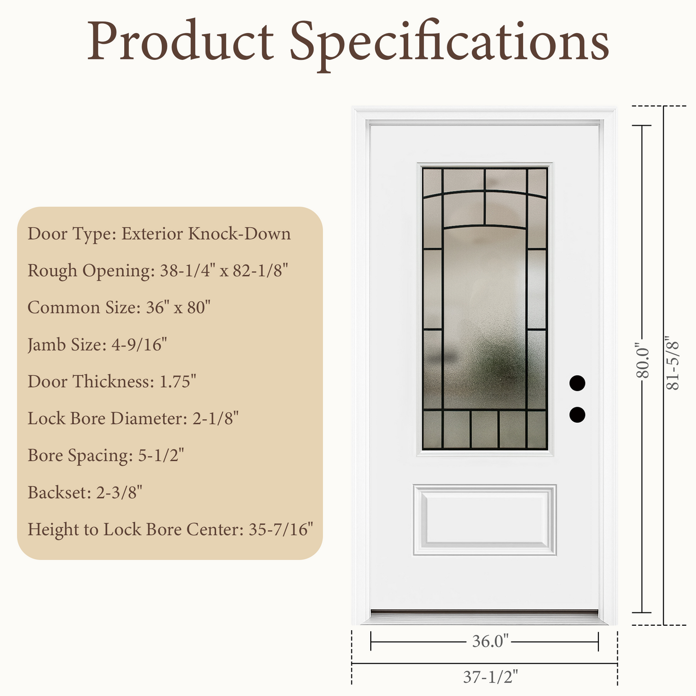 36" x 80" Smooth White Fiberglass Entry Door – 3/4 View Frosted Privacy Glass | Left & Right Hand Inswing