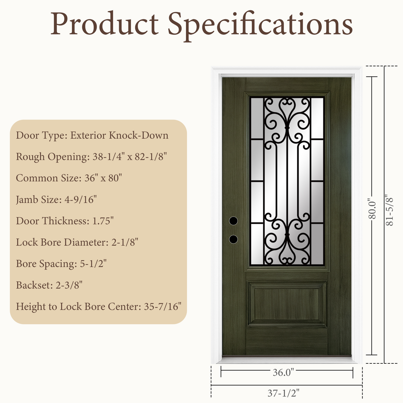 36" x 80" Green Fiberglass Entry Door with 3/4 Lite Wrought Iron Glass, Left or Right Hand Inswing, Classic Style Front Door with 4-9/16" White Vinyl Frame and Brickmould
