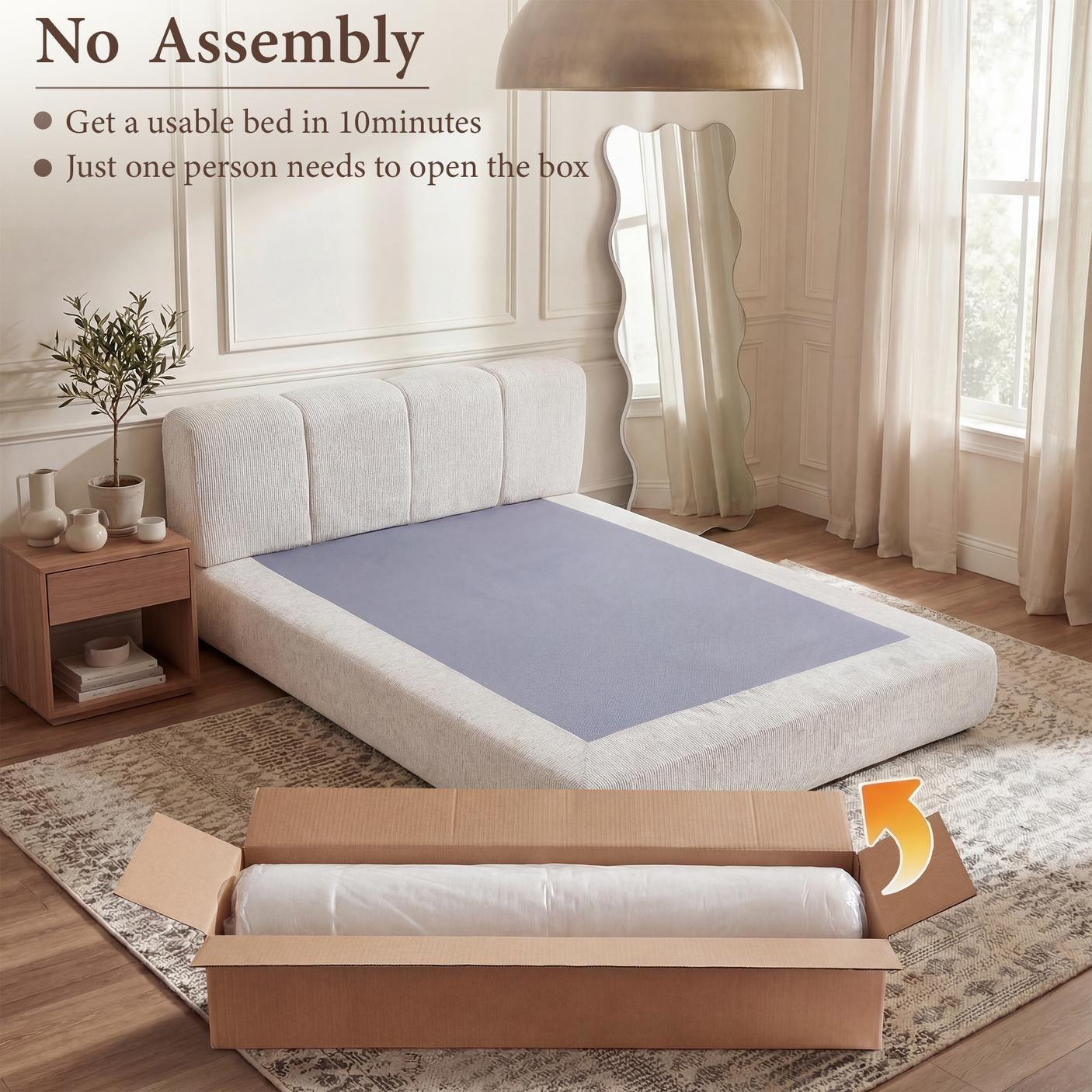 Cloud Bed Frame - Queen Upholstered Linen Platform Bed Frame, 1-Minute Tool-Free Setup, Modern Padded Headboard Mattress Foundation, Supportive Dual-Core Silent Bed Frame