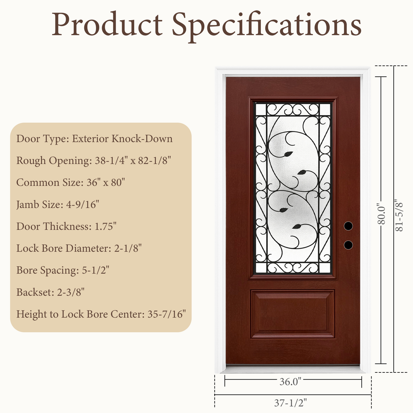 36" x 80" Red Fiberglass Entry Door with 3/4 Lite Wrought Iron Glass, Left or Right Hand Inswing, Classic Style Front Door with 4-9/16" White Vinyl Frame and Brickmould