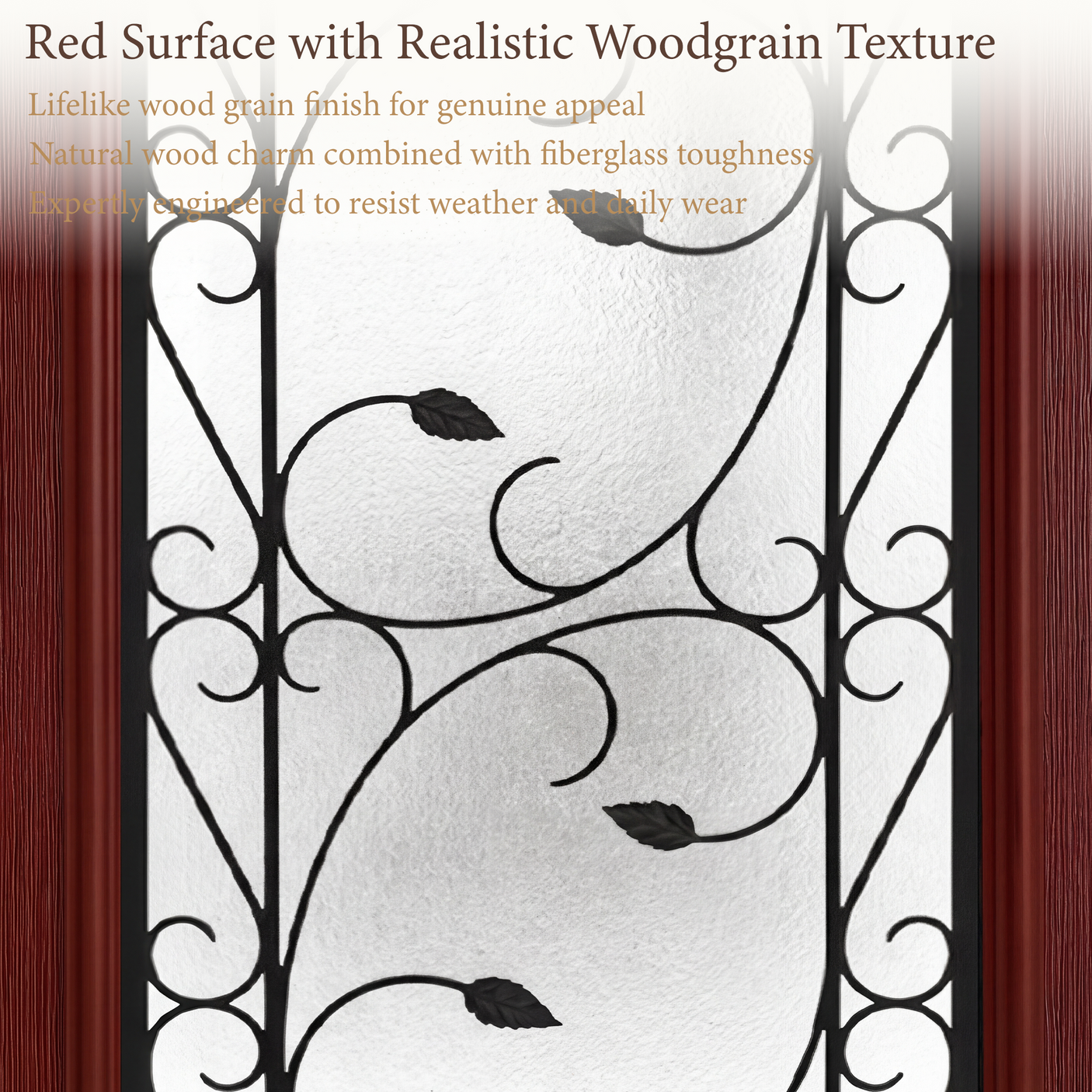 36" x 80" Red Fiberglass Entry Door with 3/4 Lite Wrought Iron Glass, Left or Right Hand Inswing, Classic Style Front Door with 4-9/16" White Vinyl Frame and Brickmould