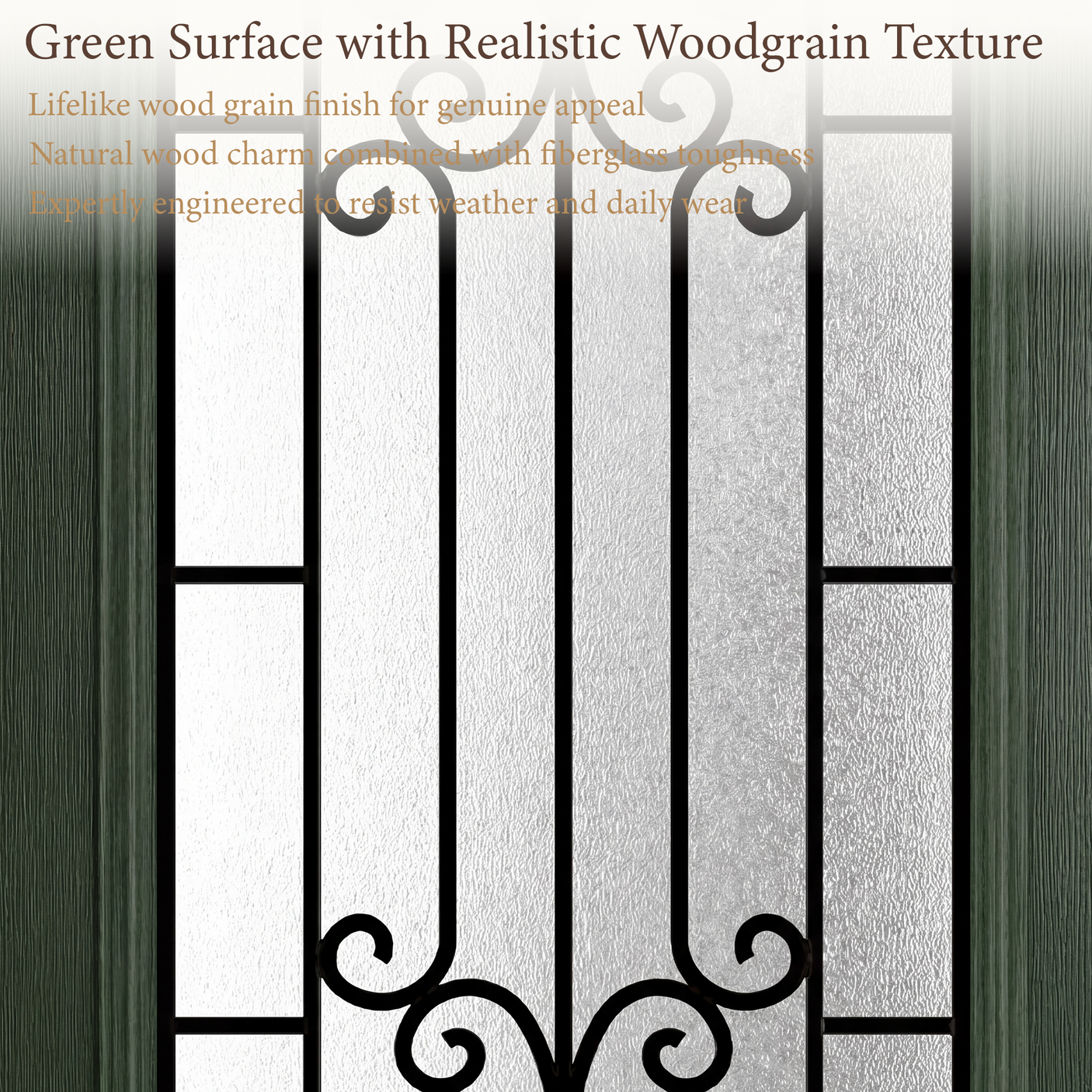 36" x 80" Green Fiberglass Entry Door with 3/4 Lite Wrought Iron Glass, Left or Right Hand Inswing, Classic Style Front Door with 4-9/16" White Vinyl Frame and Brickmould