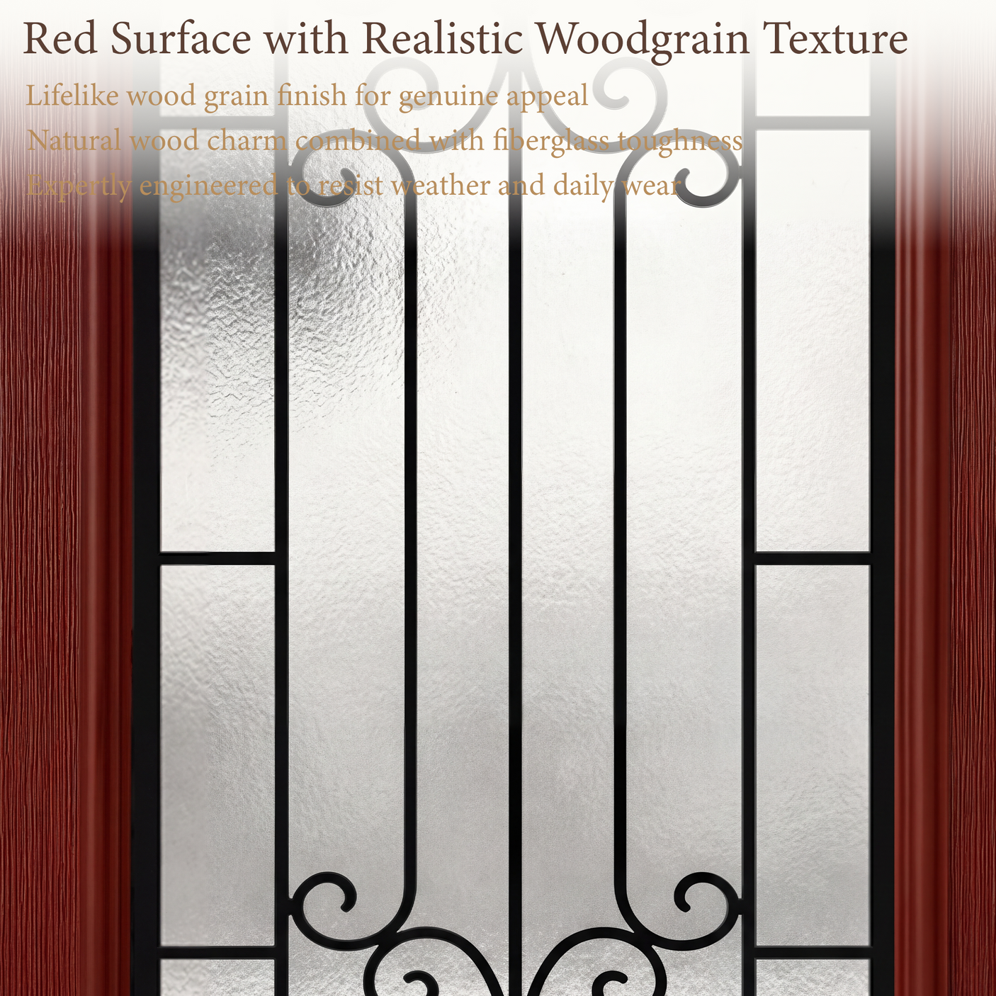 36" x 80" Red Fiberglass Entry Door with 3/4 Lite Wrought Iron Glass, Left or Right Hand Inswing, Classic Style Front Door with 4-9/16" White Vinyl Frame and Brickmould