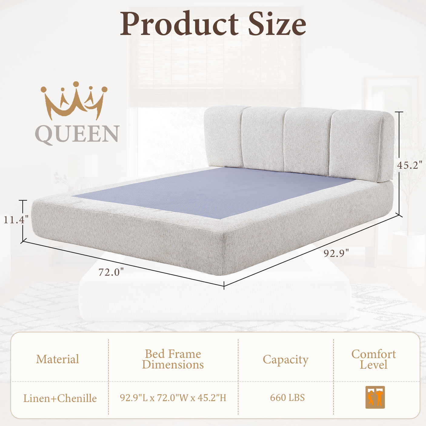 Cloud Bed Frame - Queen Upholstered Linen Platform Bed Frame, 1-Minute Tool-Free Setup, Modern Padded Headboard Mattress Foundation, Supportive Dual-Core Silent Bed Frame
