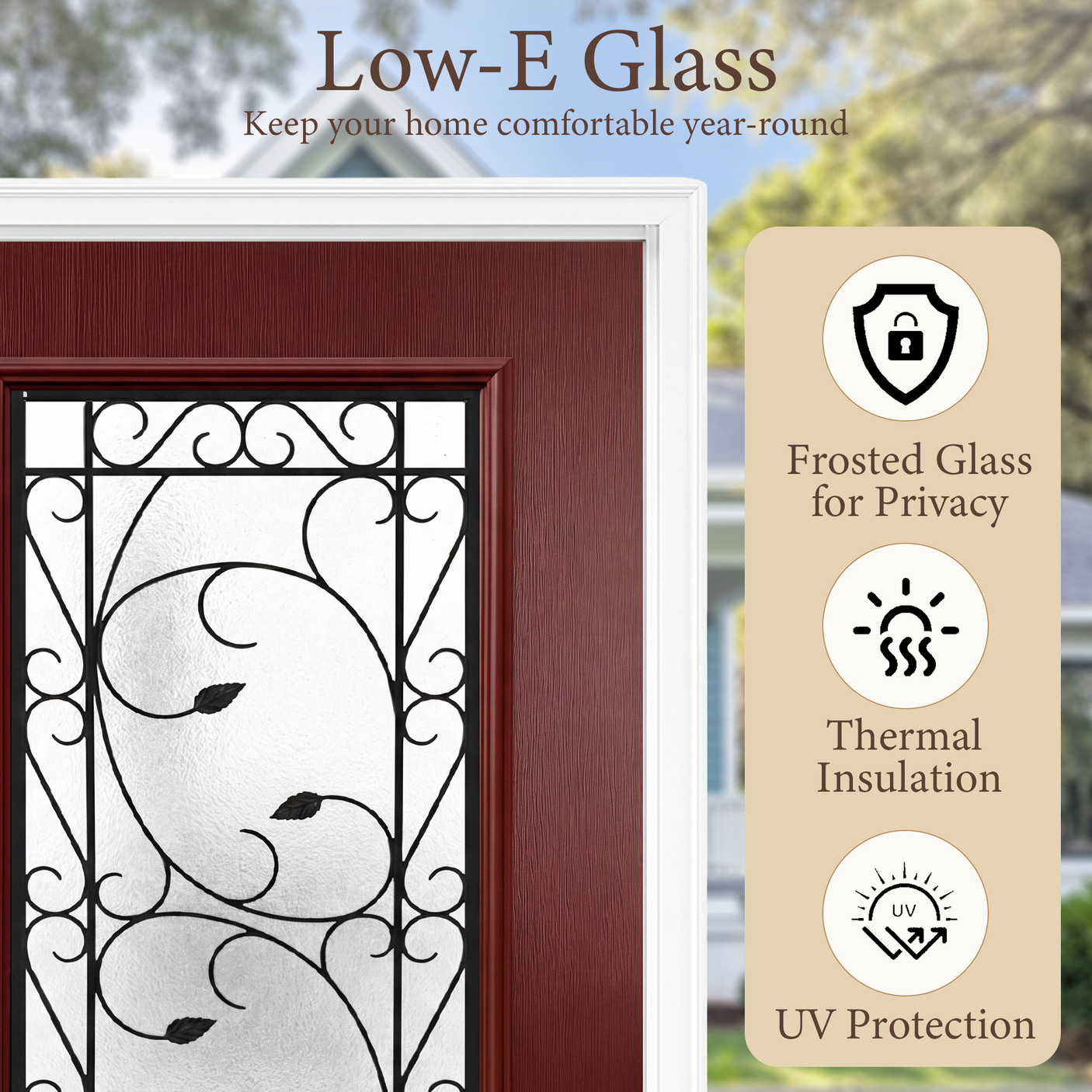 36" x 80" Red Fiberglass Entry Door with 3/4 Lite Wrought Iron Glass, Left or Right Hand Inswing, Classic Style Front Door with 4-9/16" White Vinyl Frame and Brickmould