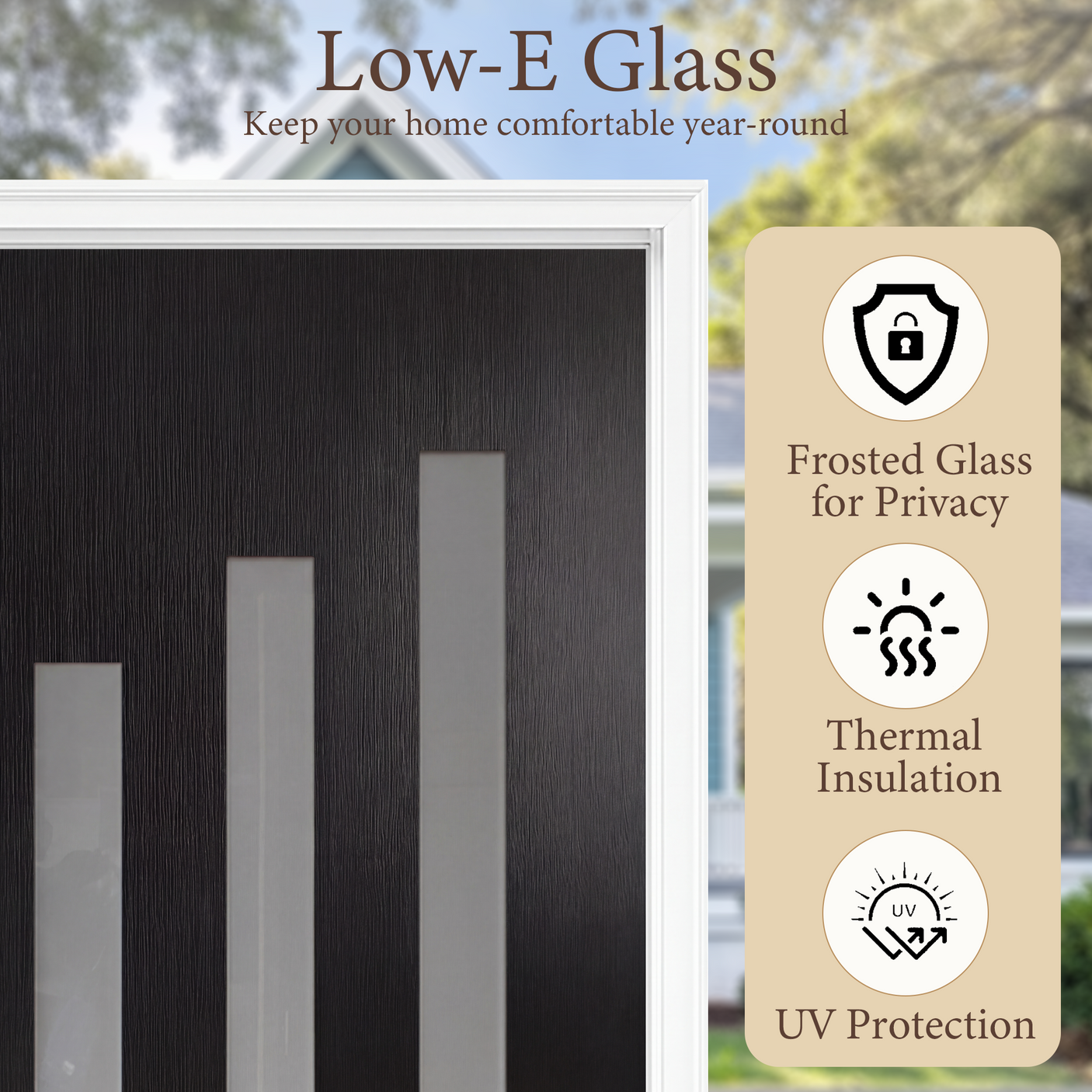 36" x 80" Black Fiberglass Entry Door – 3-Lite Frosted Glass, Prehung with Vinyl Frame & Brickmould