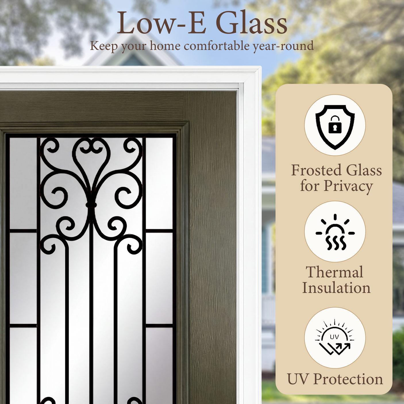 36" x 80" Green Fiberglass Entry Door with 3/4 Lite Wrought Iron Glass, Left or Right Hand Inswing, Classic Style Front Door with 4-9/16" White Vinyl Frame and Brickmould
