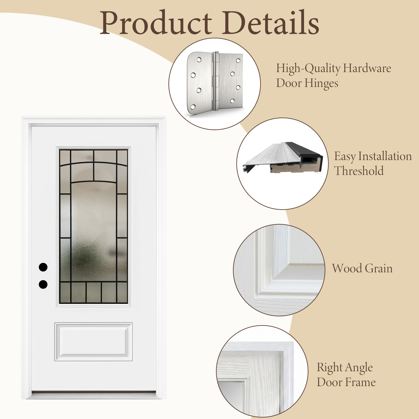 36" x 80" Smooth White Fiberglass Entry Door – 3/4 View Frosted Privacy Glass | Left & Right Hand Inswing