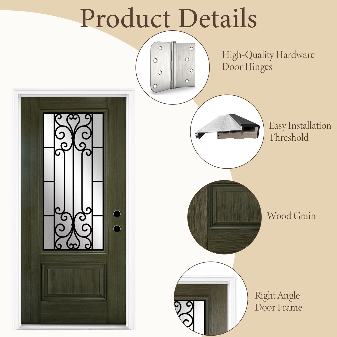 36" x 80" Green Fiberglass Entry Door with 3/4 Lite Wrought Iron Glass, Left or Right Hand Inswing, Classic Style Front Door with 4-9/16" White Vinyl Frame and Brickmould