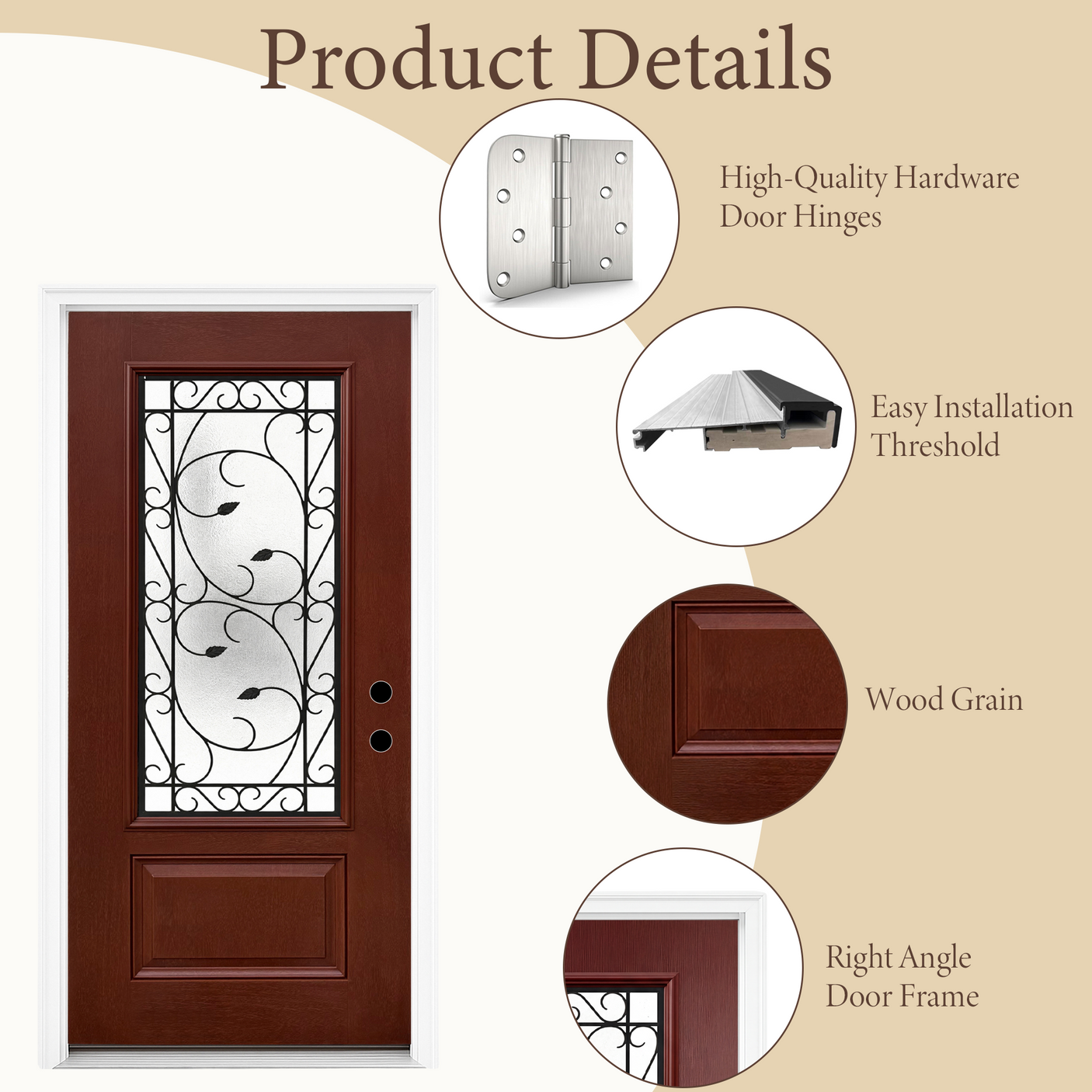 36" x 80" Red Fiberglass Entry Door with 3/4 Lite Wrought Iron Glass, Left or Right Hand Inswing, Classic Style Front Door with 4-9/16" White Vinyl Frame and Brickmould