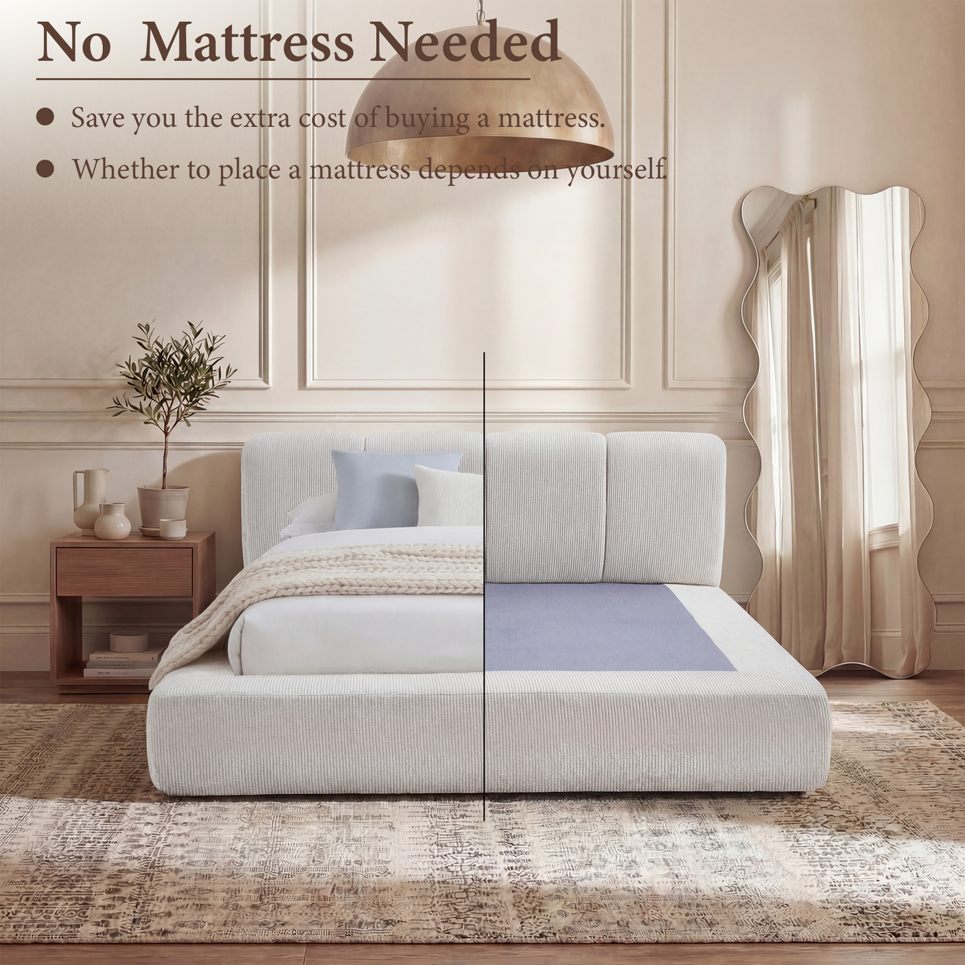 Cloud Bed Frame - Queen Upholstered Linen Platform Bed Frame, 1-Minute Tool-Free Setup, Modern Padded Headboard Mattress Foundation, Supportive Dual-Core Silent Bed Frame