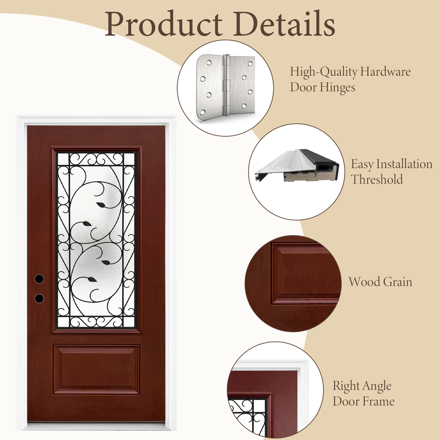 36" x 80" Red Fiberglass Entry Door with 3/4 Lite Wrought Iron Glass, Left or Right Hand Inswing, Classic Style Front Door with 4-9/16" White Vinyl Frame and Brickmould