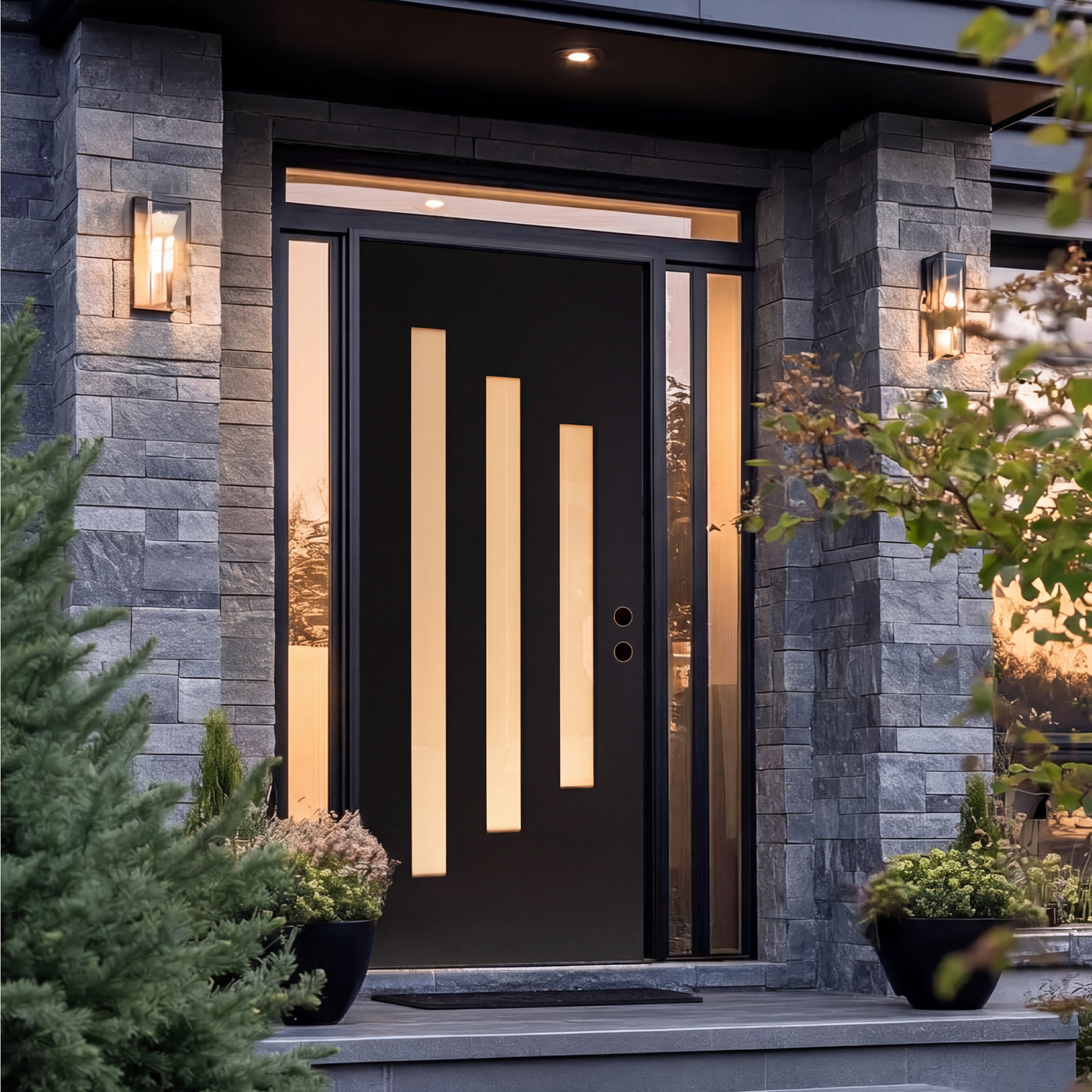 36" x 80" Black Fiberglass Entry Door – 3-Lite Frosted Glass, Prehung with Vinyl Frame & Brickmould