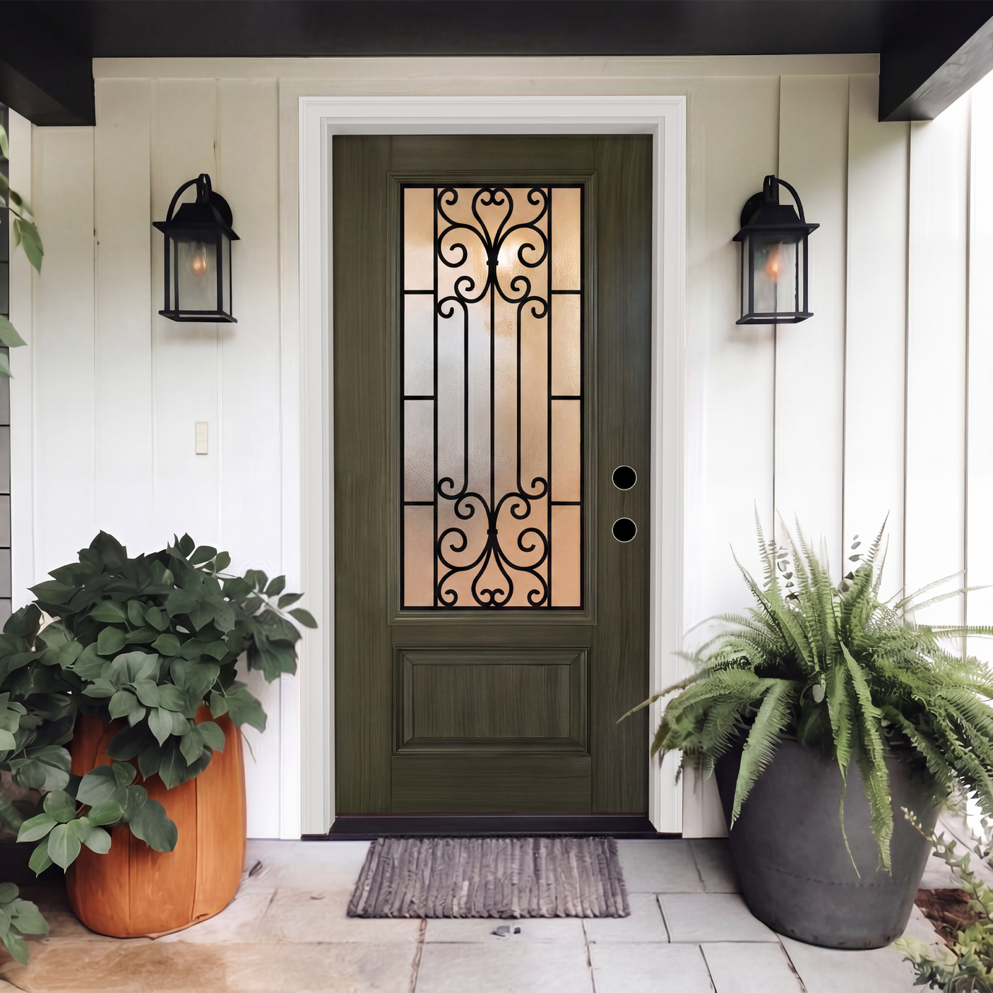 36" x 80" Green Fiberglass Entry Door with 3/4 Lite Wrought Iron Glass, Left or Right Hand Inswing, Classic Style Front Door with 4-9/16" White Vinyl Frame and Brickmould