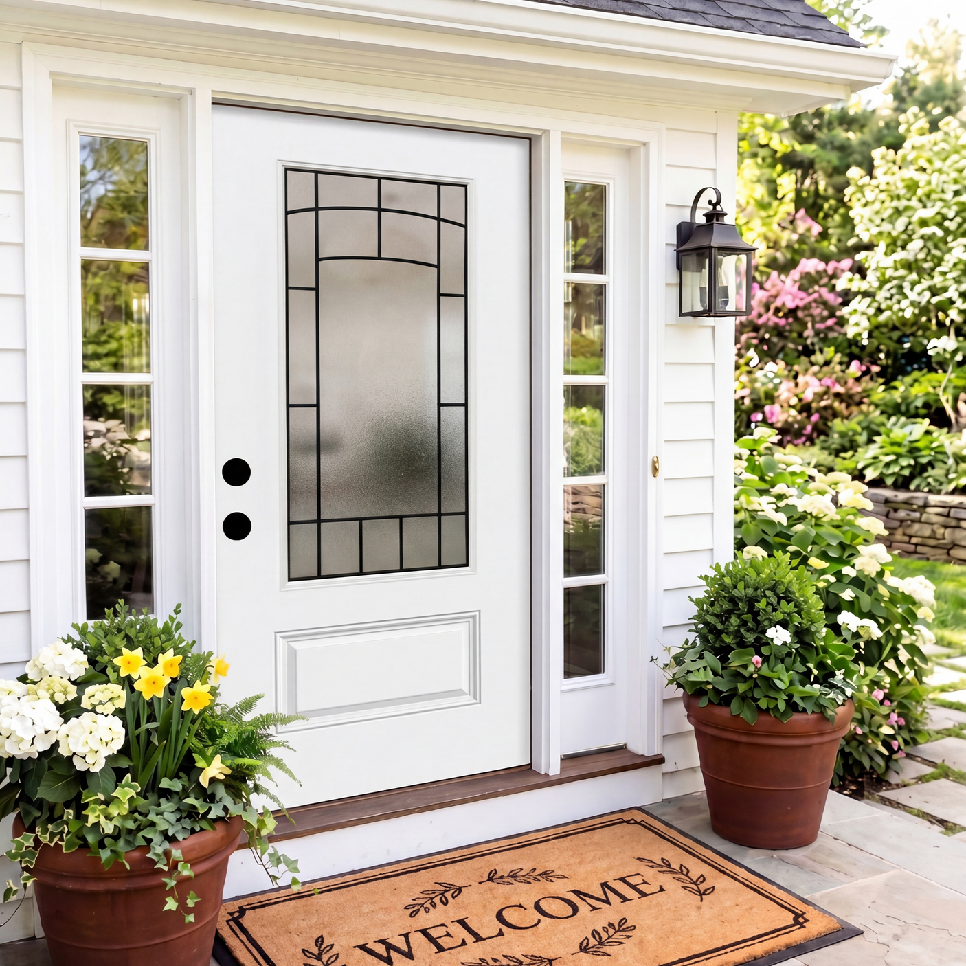 36" x 80" Smooth White Fiberglass Entry Door – 3/4 View Frosted Privacy Glass | Left & Right Hand Inswing