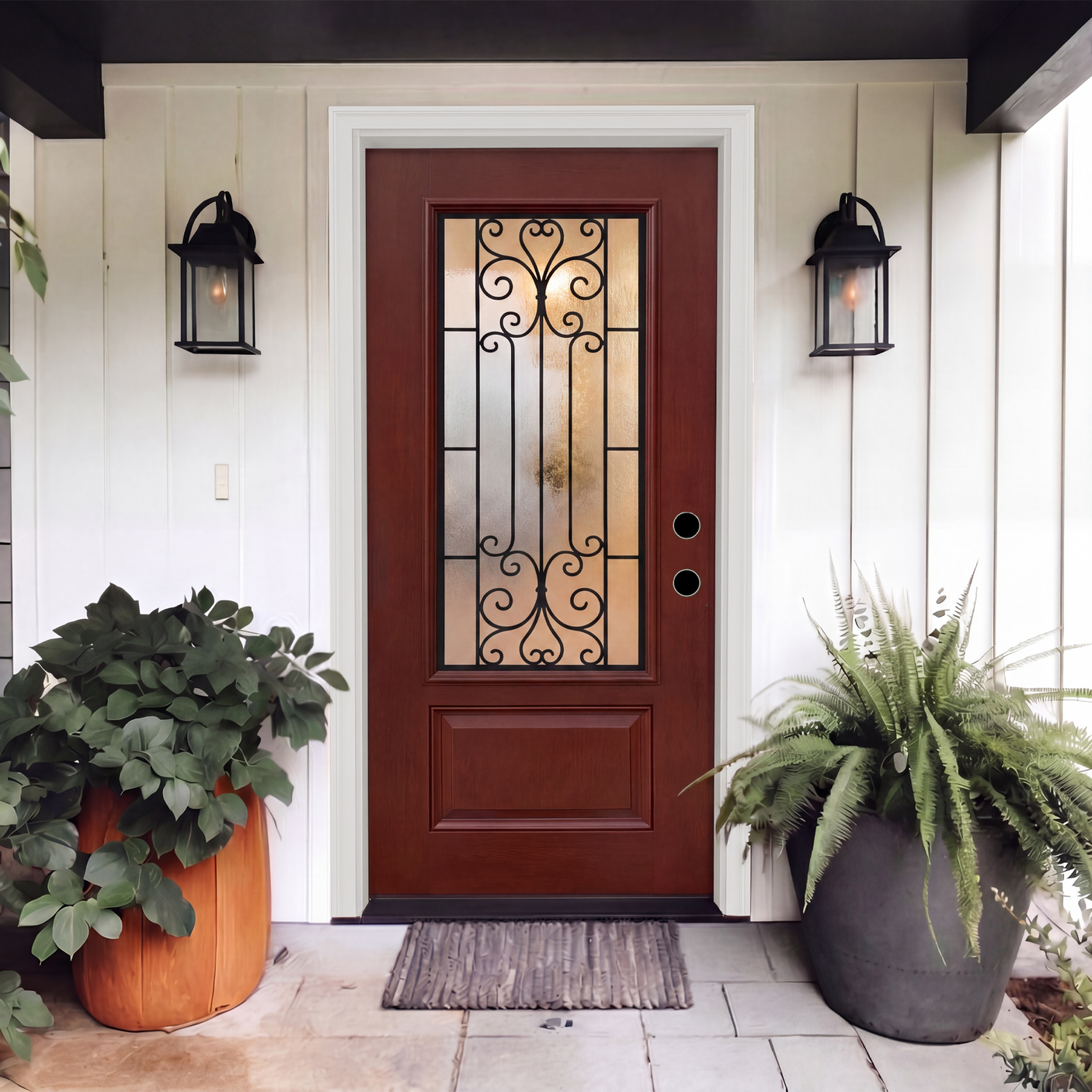 36" x 80" Red Fiberglass Entry Door with 3/4 Lite Wrought Iron Glass, Left or Right Hand Inswing, Classic Style Front Door with 4-9/16" White Vinyl Frame and Brickmould