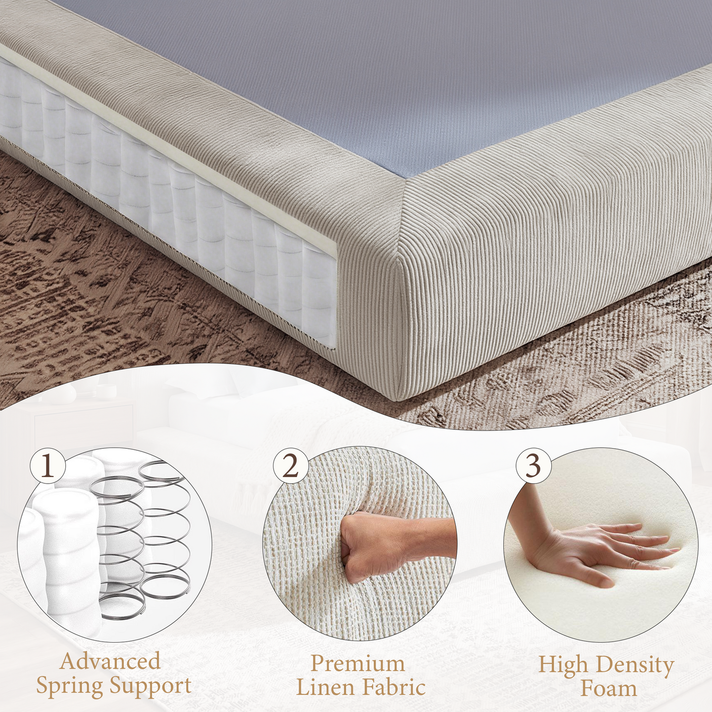 Cloud Bed Frame - Queen Upholstered Linen Platform Bed Frame, 1-Minute Tool-Free Setup, Modern Padded Headboard Mattress Foundation, Supportive Dual-Core Silent Bed Frame