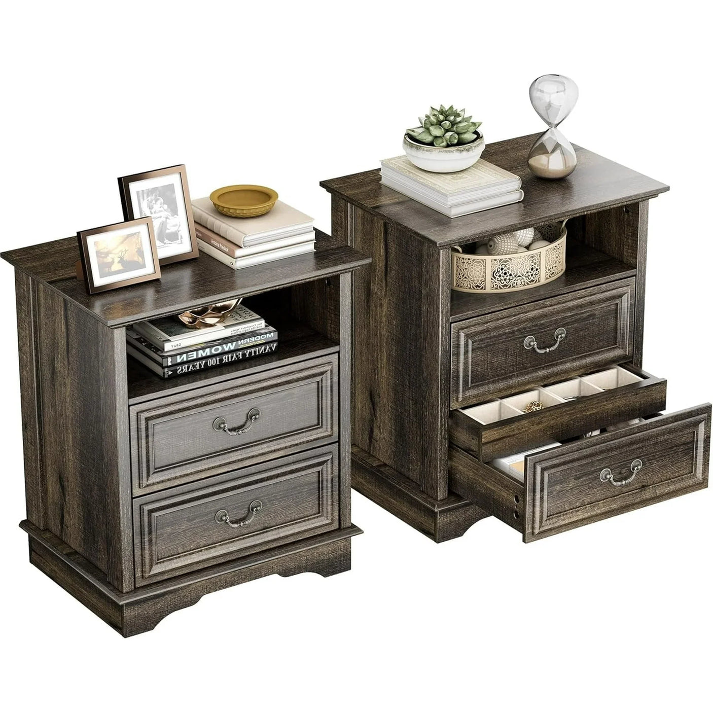 Farmhouse Mid Century Modern Nightstand, 2-Drawer 25" Tall Wood