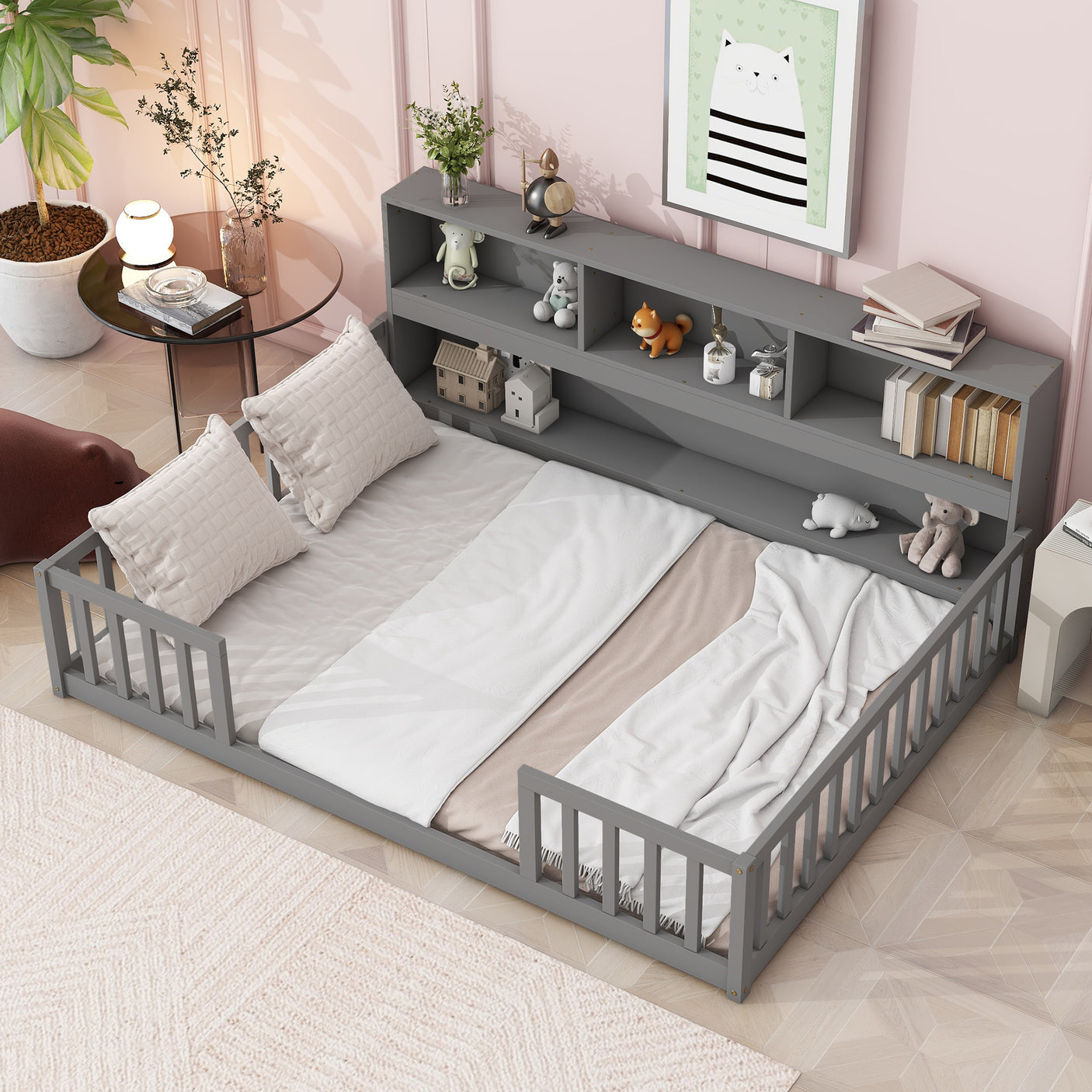 Wood Bed Frame with Bookcase & Shelves