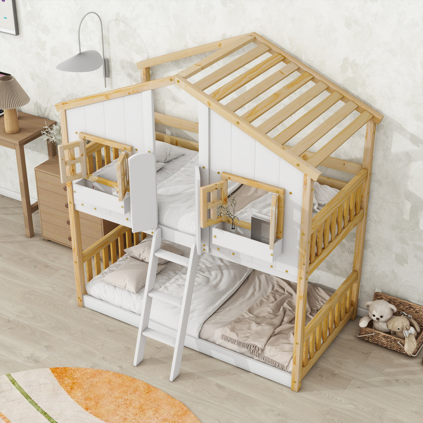 Twin over Twin House Bunk Bed with Roof