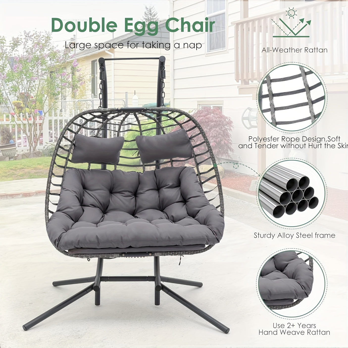 Double Egg Swing Chair with Stand for Outdoor