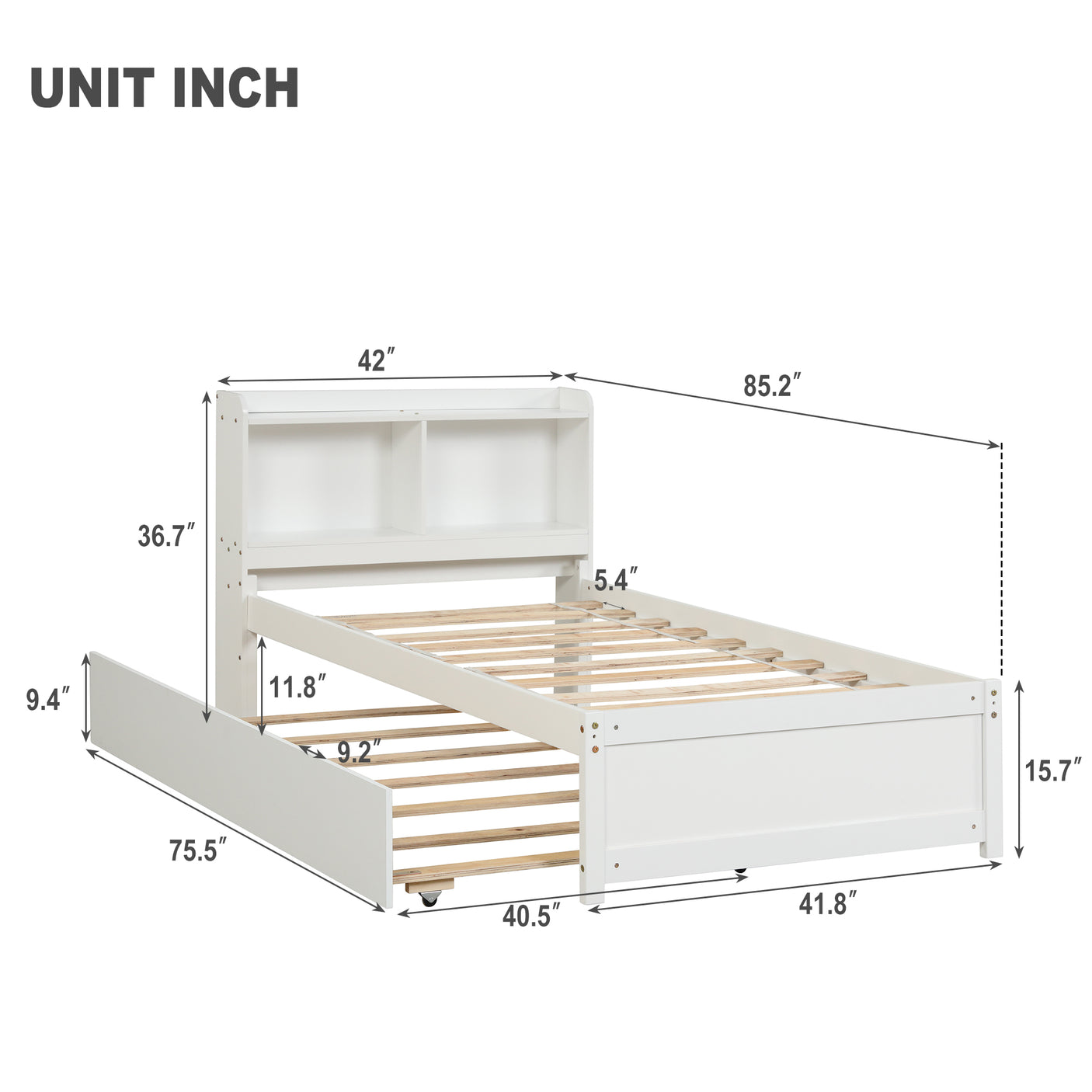 Twin Size Trundle Bed with Bookcase for Kids