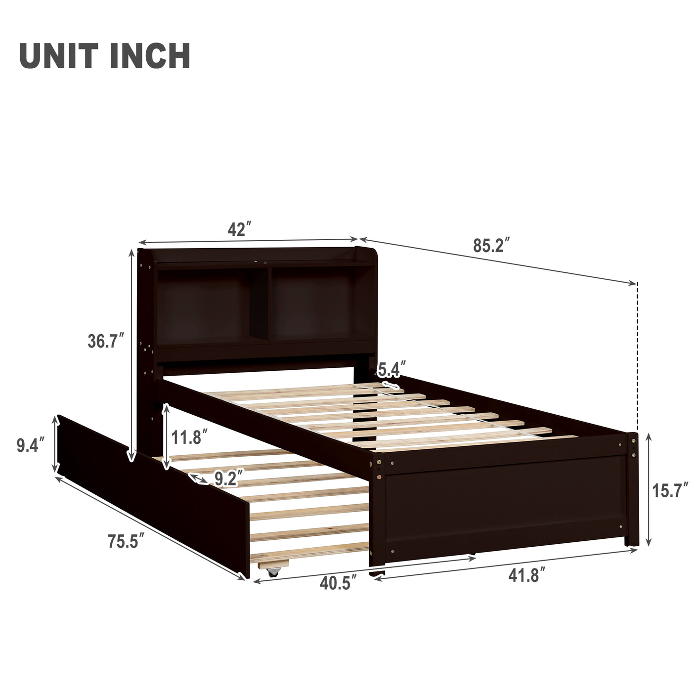 Twin Size Trundle Bed with Bookcase for Kids