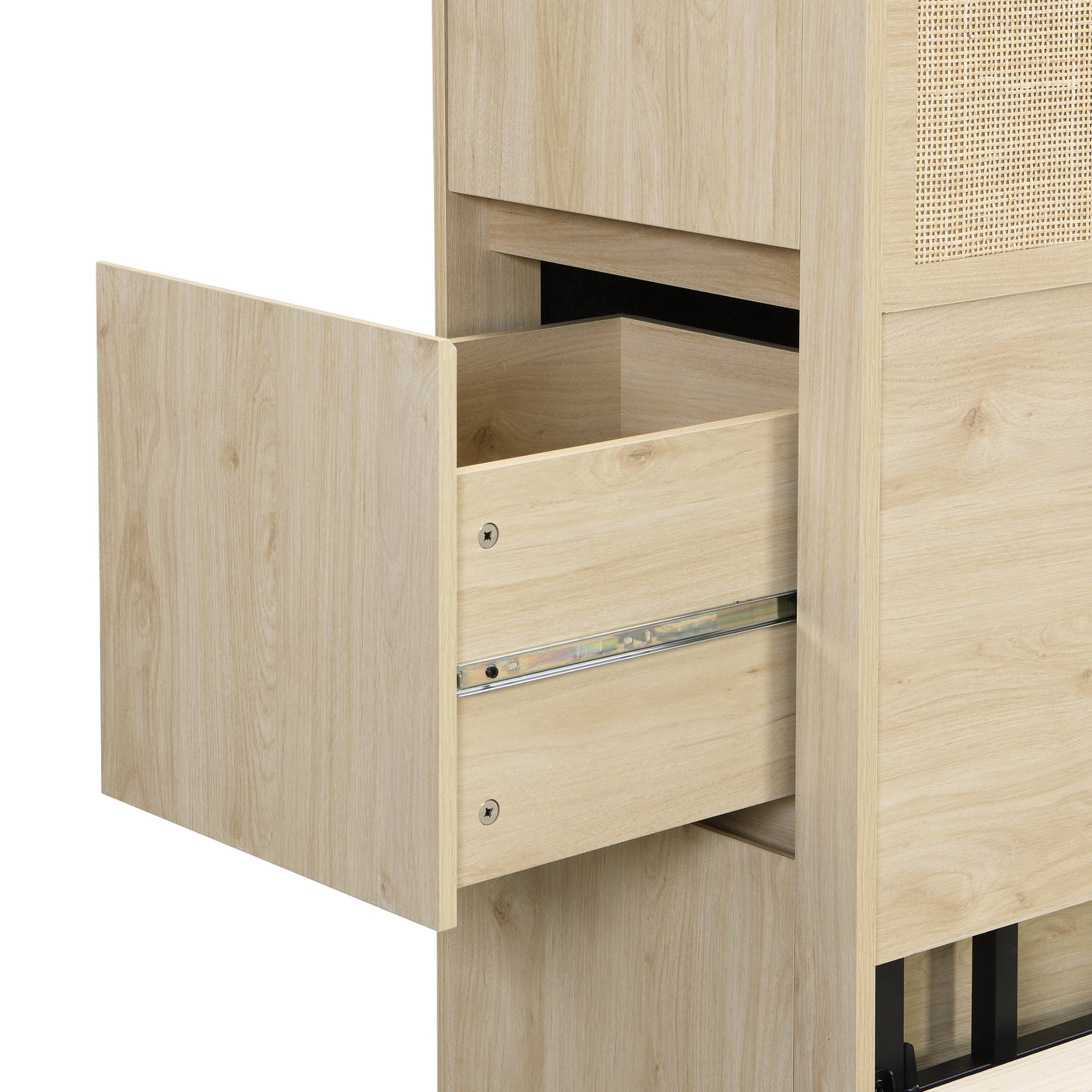 Boho Rattan Queen Beds Frame with Charging Station Headboard