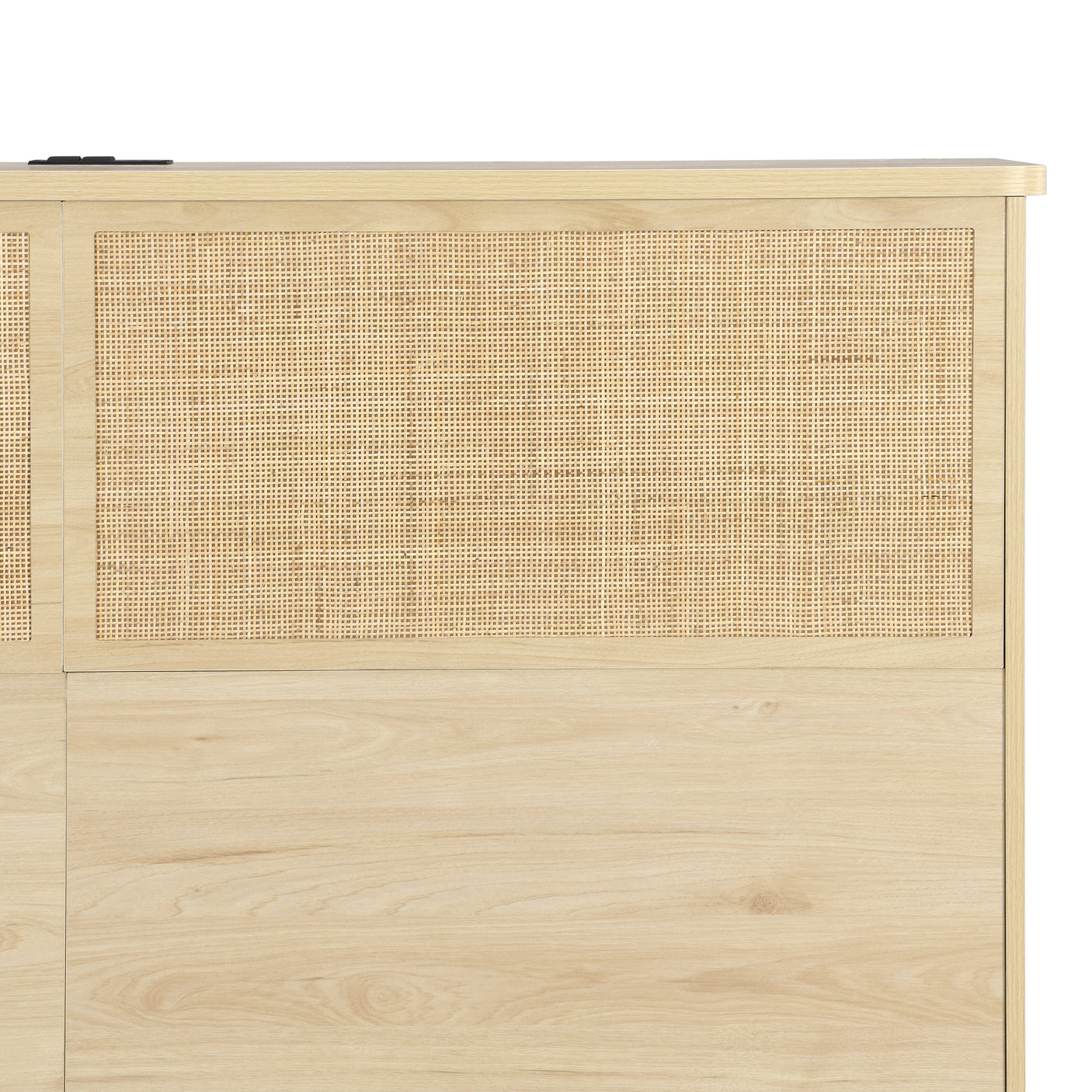 Boho Rattan Queen Beds Frame with Charging Station Headboard