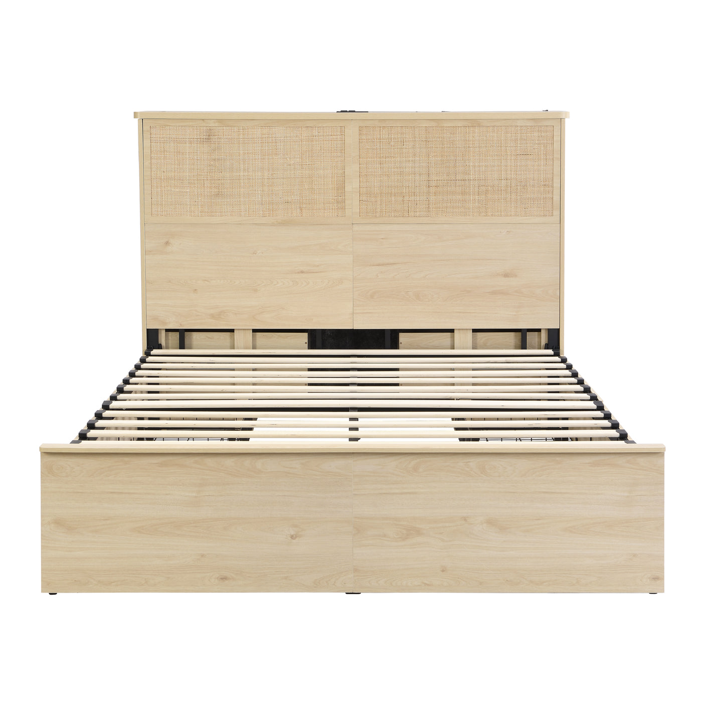 Boho Rattan Queen Beds Frame with Charging Station Headboard