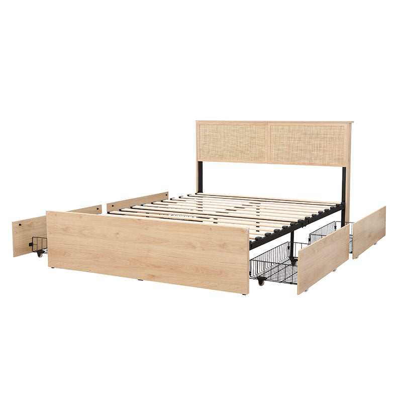Boho Natural Rattan Headboard BedFrame with 4 Drawers