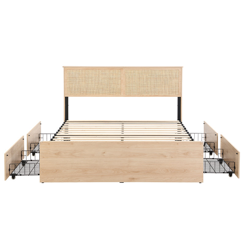 Boho Natural Rattan Headboard BedFrame with 4 Drawers