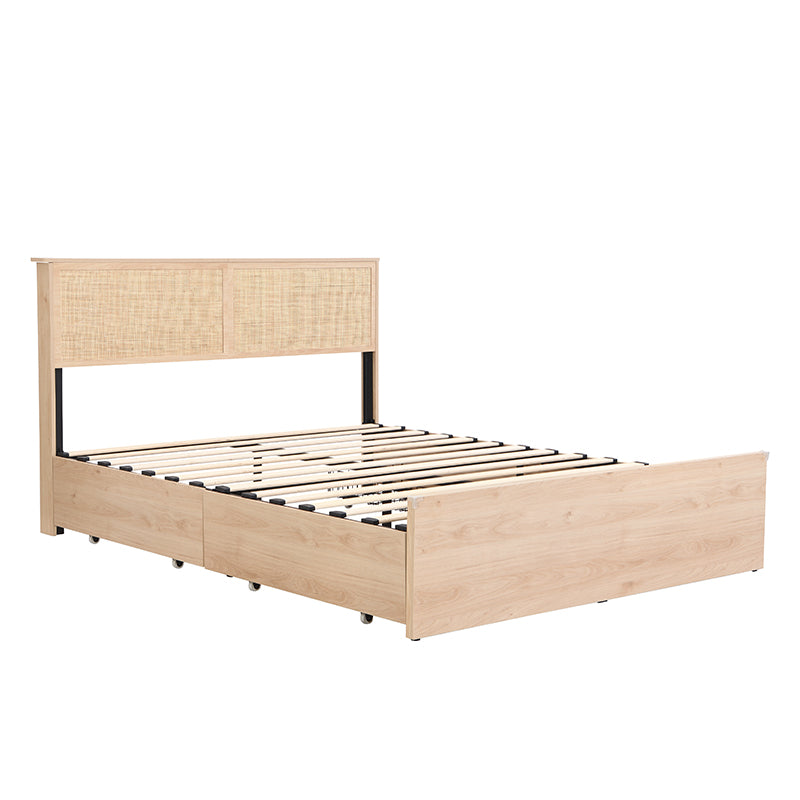 Boho Natural Rattan Headboard BedFrame with 4 Drawers