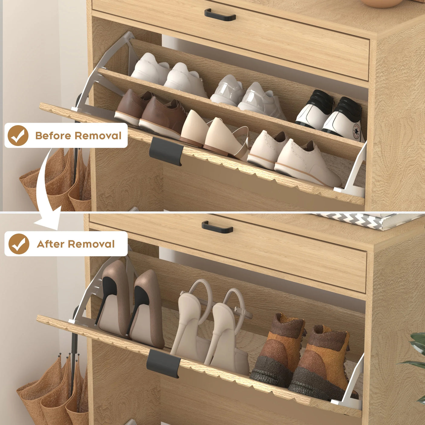 Yechen Rattan Shoe Cabinet with 2 Flip Doors & Storage Drawer, Entryway Wooden Shoe Rack Organizer, Oak