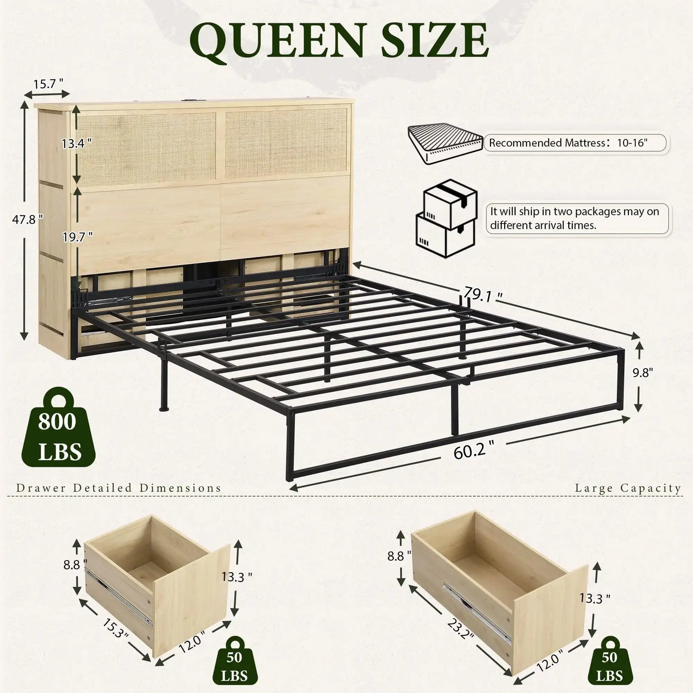 Boho Rattan Queen Beds Frame with Charging Station Headboard