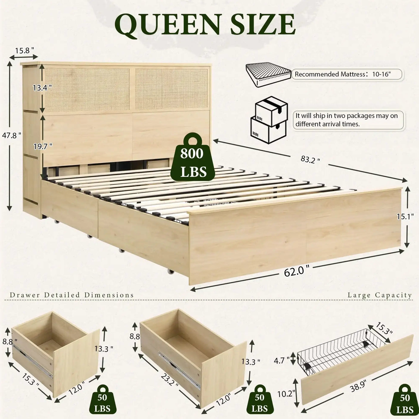 Boho Rattan Queen Beds Frame with Charging Station Headboard