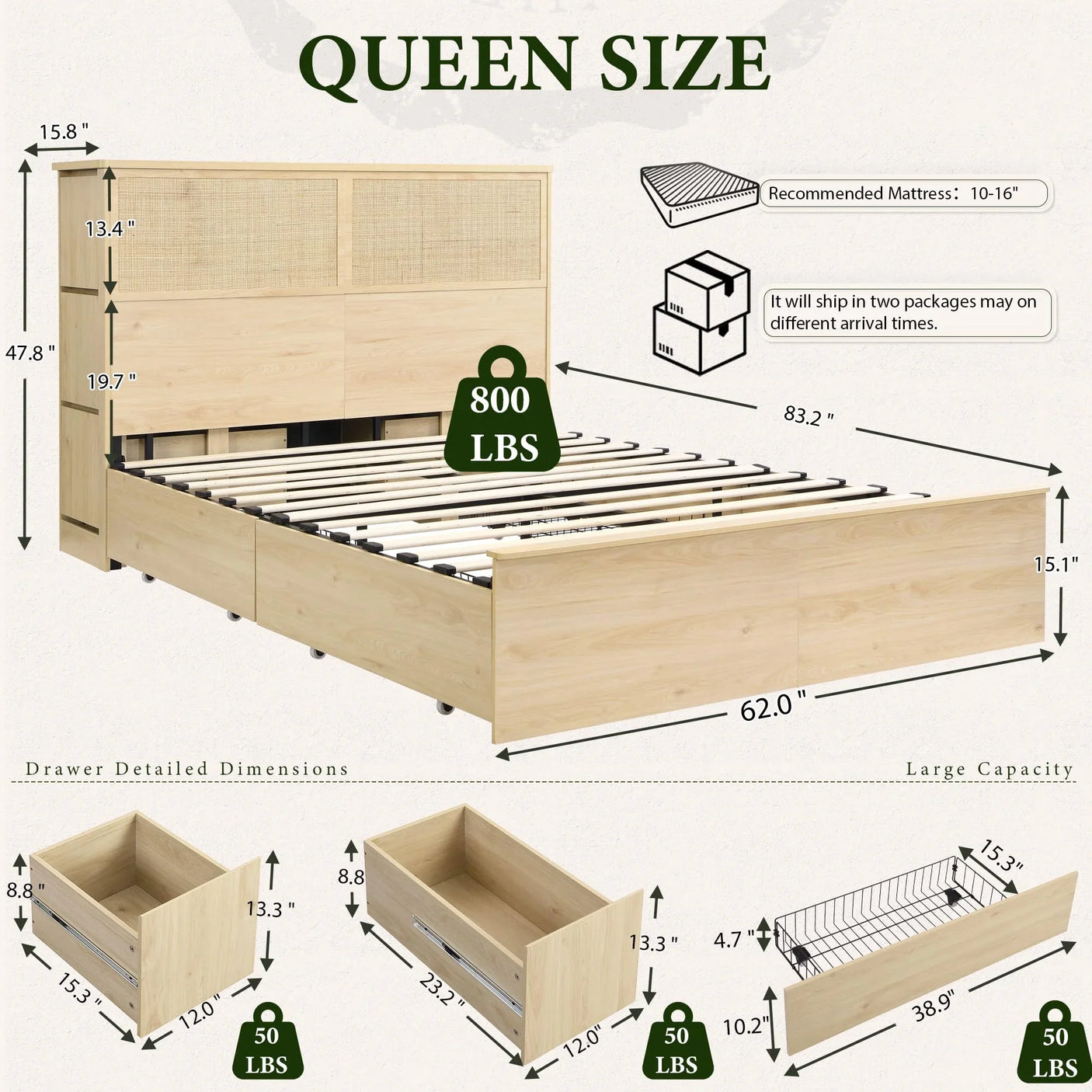 Boho Rattan Queen Beds Frame with Charging Station Headboard