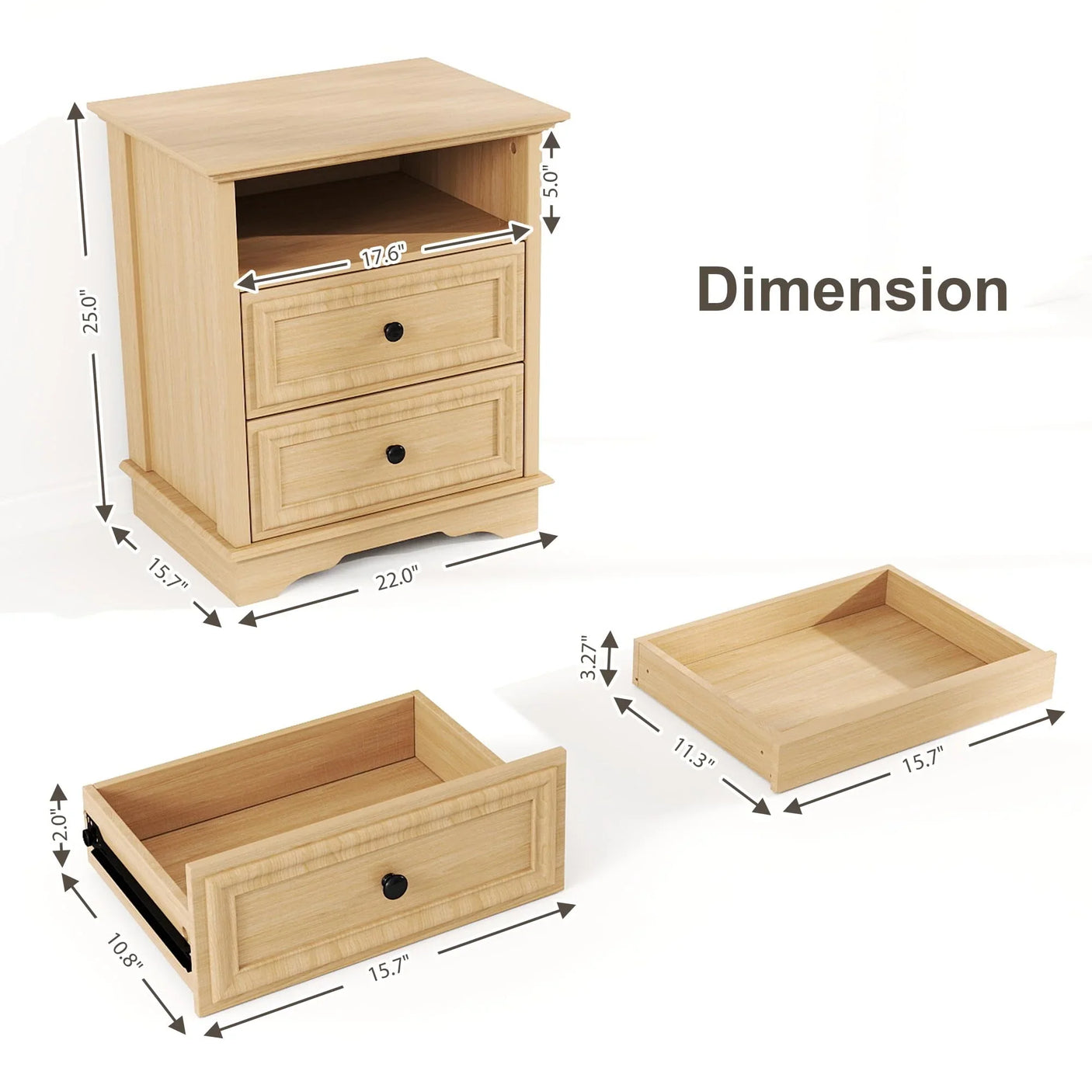 Farmhouse Mid Century Modern Nightstand, 2-Drawer 25" Tall Wood