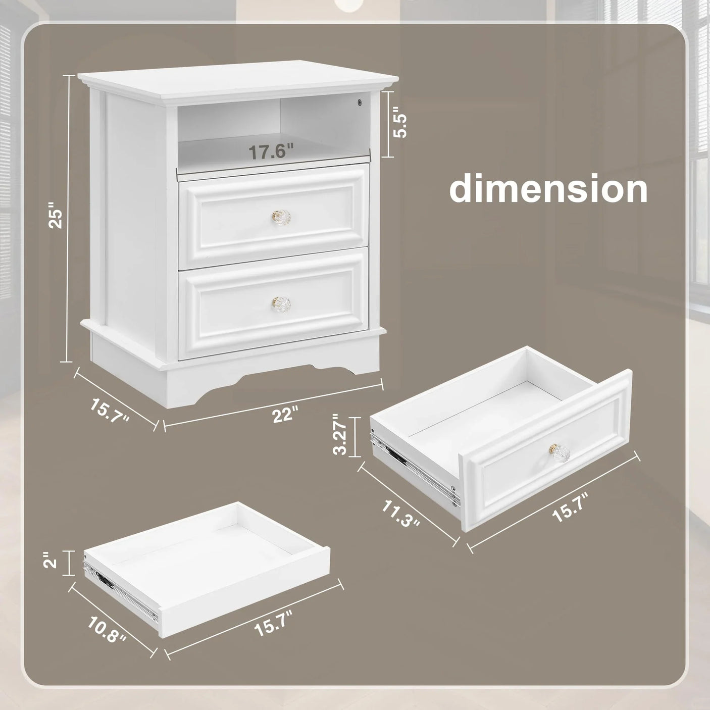 Farmhouse Mid Century Modern Nightstand, 2-Drawer 25" Tall Wood