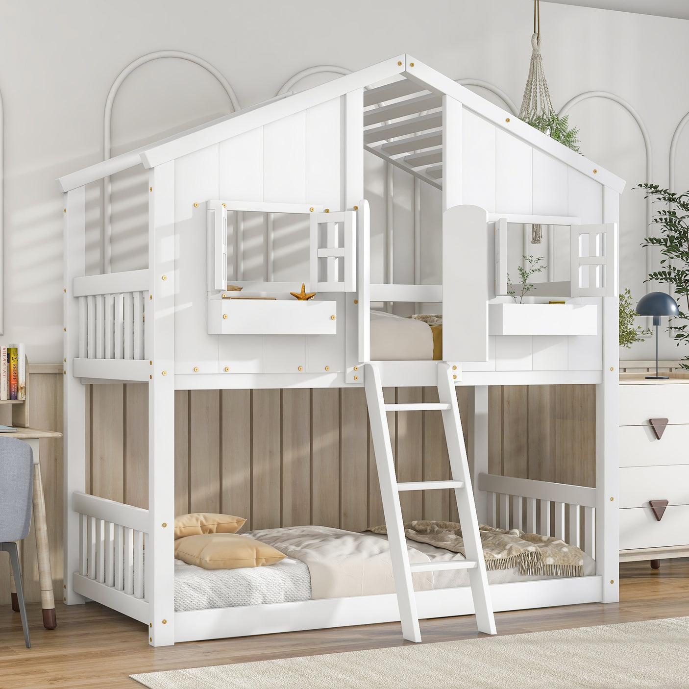 Twin over Twin House Bunk Bed with Roof