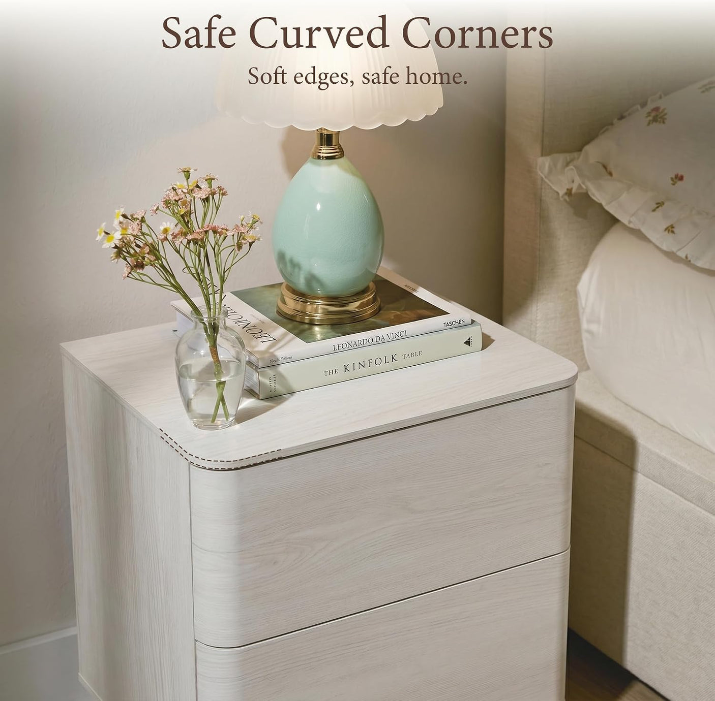 Nightstand with 2 Push to Open Drawers & Hidden Compartment | 22'' Curved Bedside Table | Mid-Century Modern