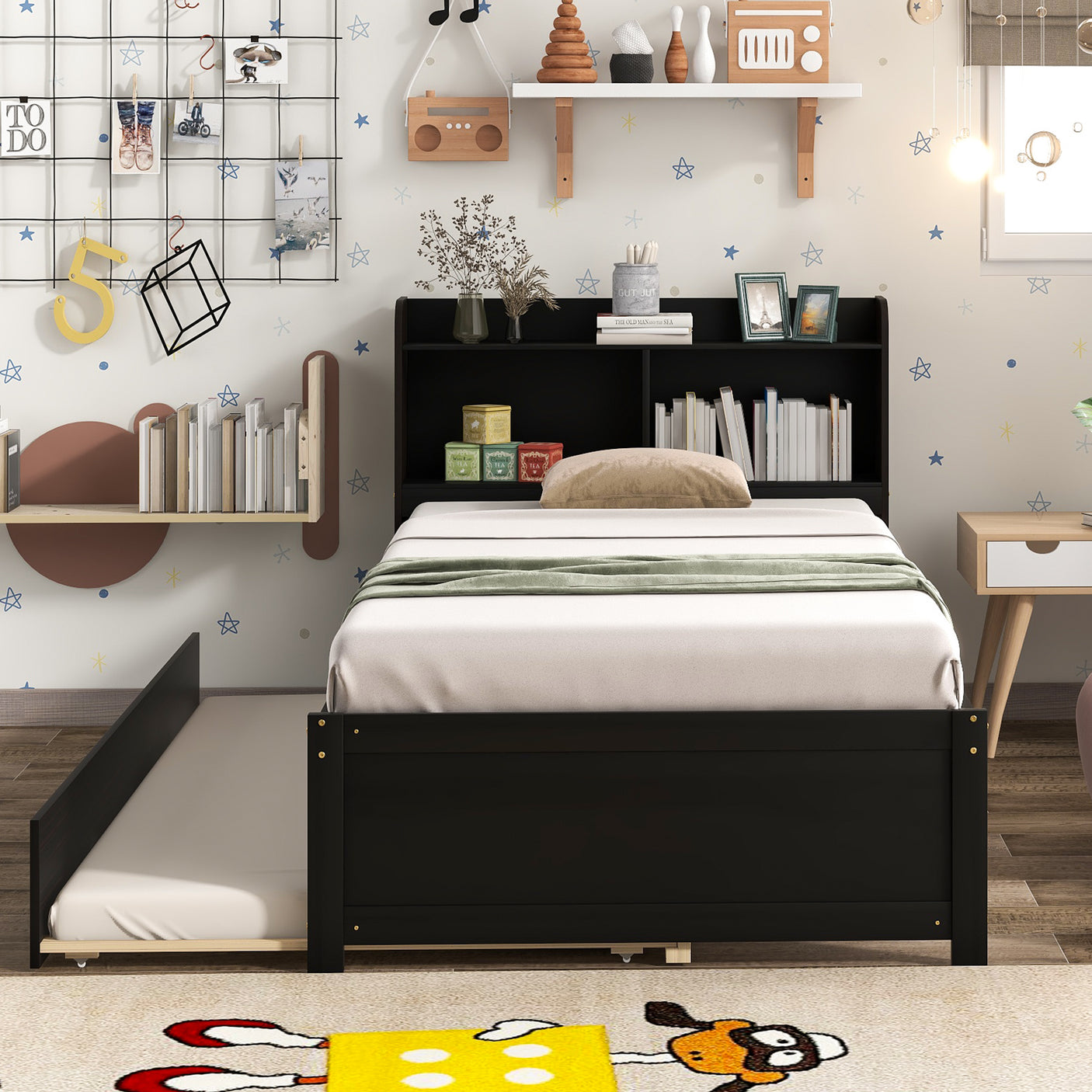 Twin Size Trundle Bed with Bookcase for Kids