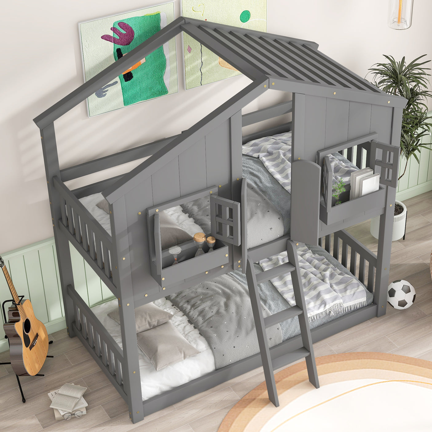 Twin over Twin House Bunk Bed with Roof
