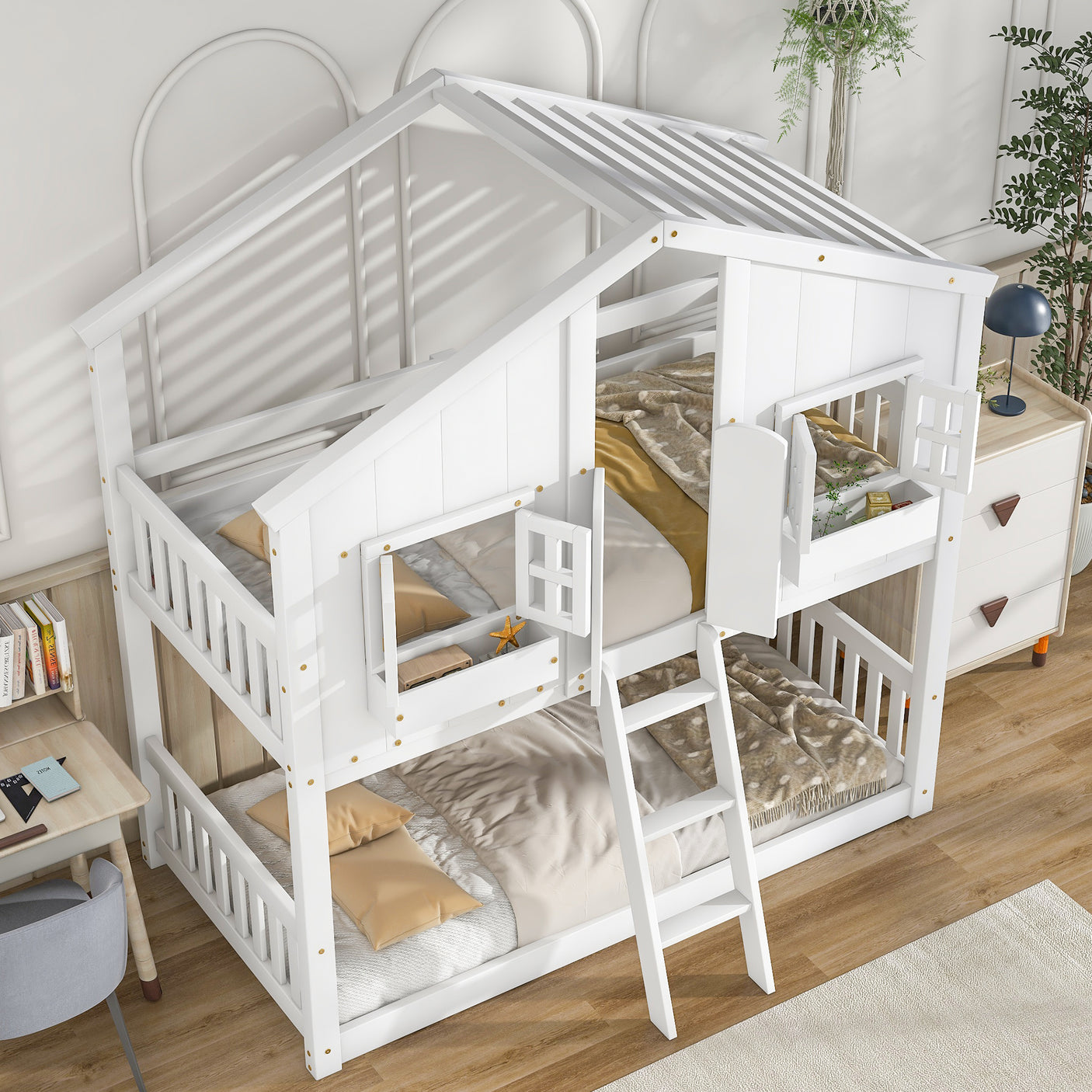Twin over Twin House Bunk Bed with Roof