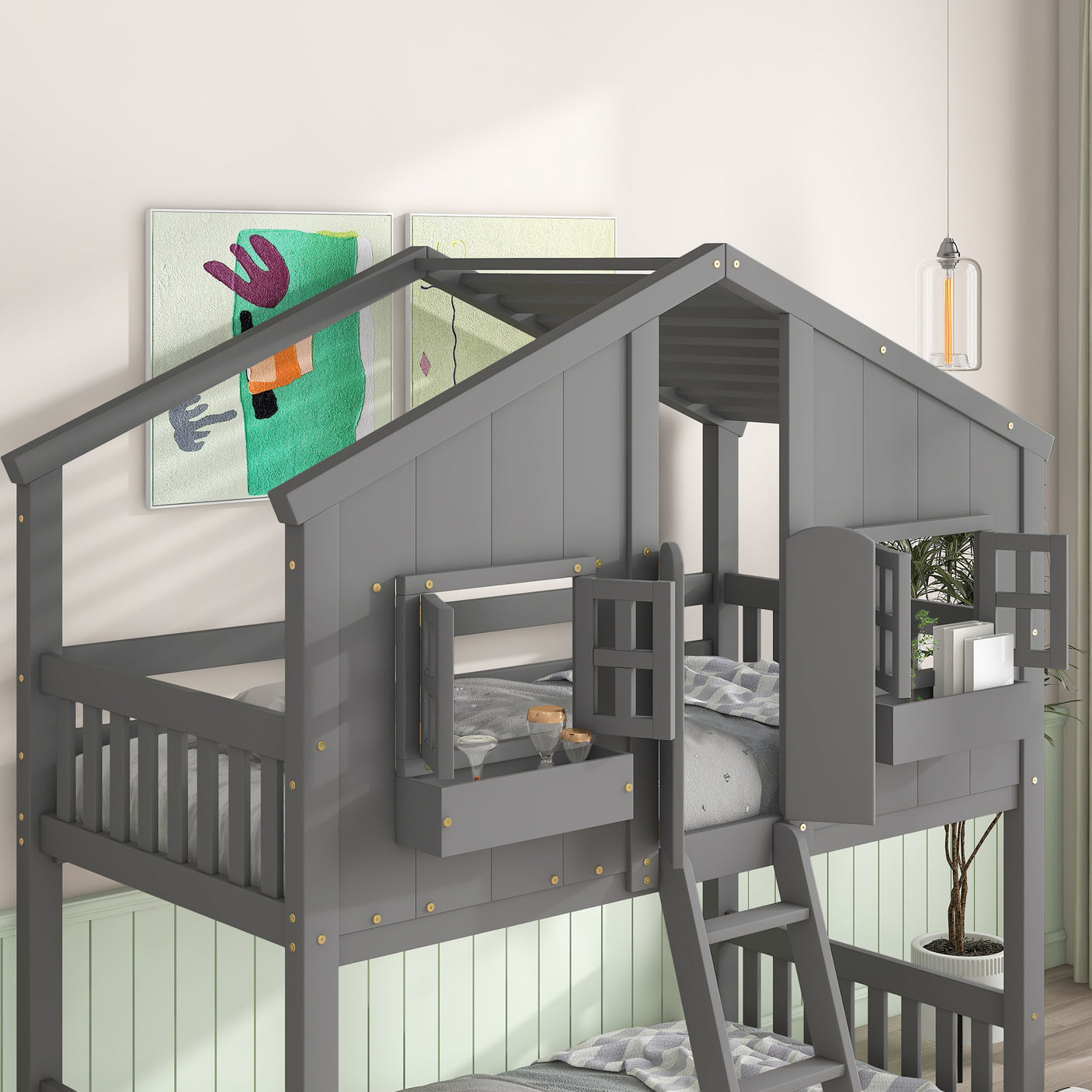 Twin over Twin House Bunk Bed with Roof