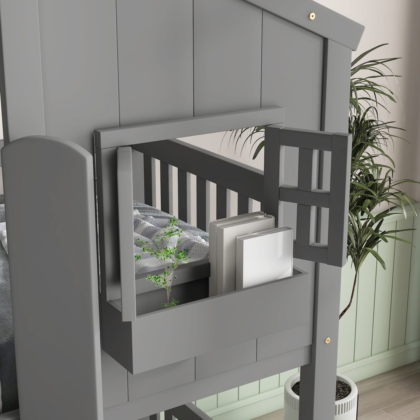 Twin over Twin House Bunk Bed with Roof