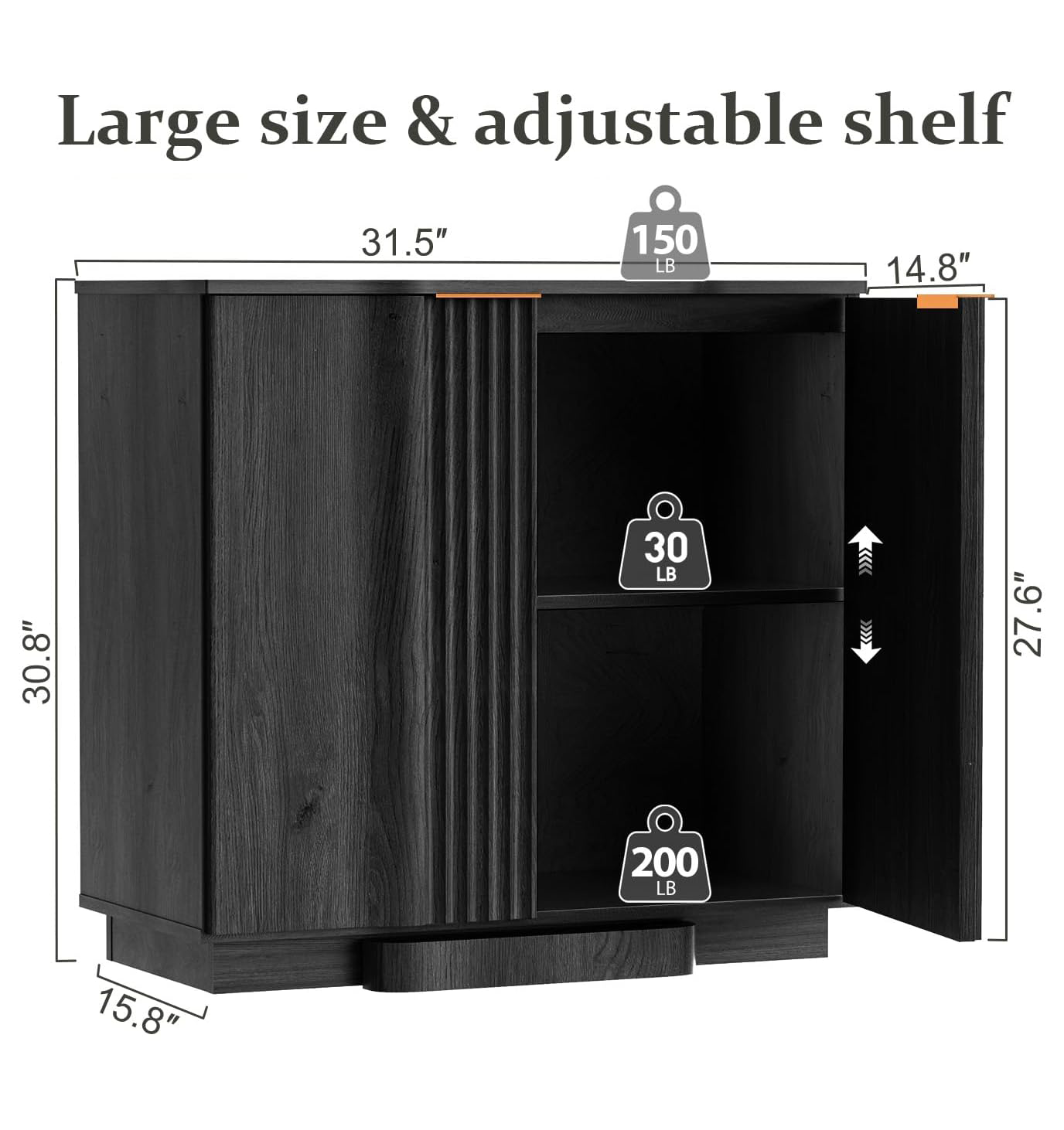 Fluted Buffet Cabinet | 2-Door Sideboard with Adjustable Shelf, Soft Close Hinges & Metal Handle, Black