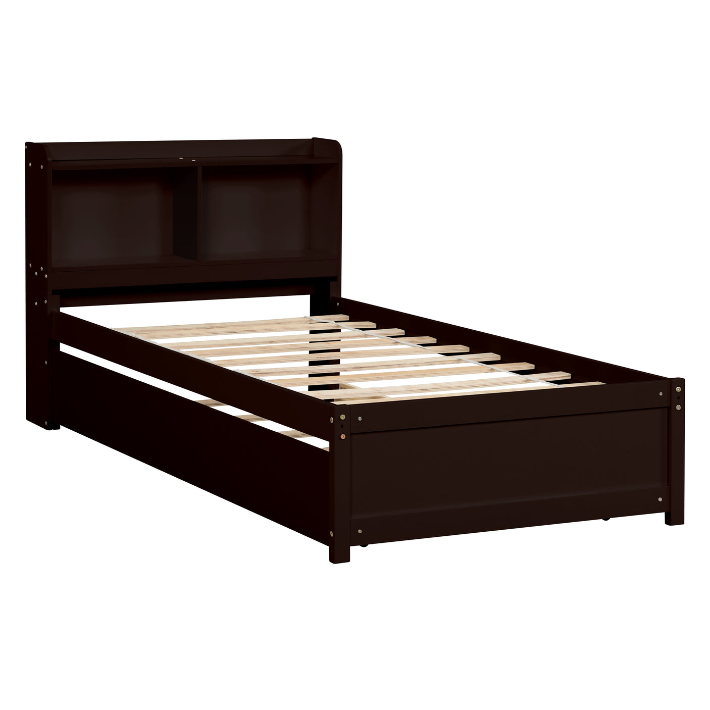 Twin Size Trundle Bed with Bookcase for Kids
